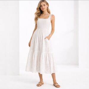 Devoted White Eyelet Cotton Midi Dress Smocked Cottagecore Summer Size M